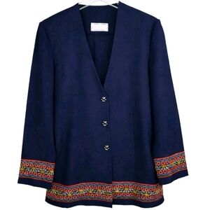 90s Latest Touch Navy Blue Embroidered Trim Boho Southwestern Blazer Jacket
